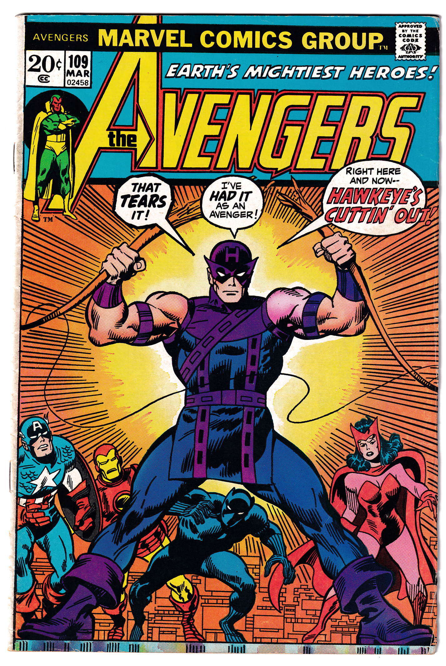 AVENGERS #109 FN- (5.5) Hawkeye quits! 1st app. Typhon Imus Champion! 1973